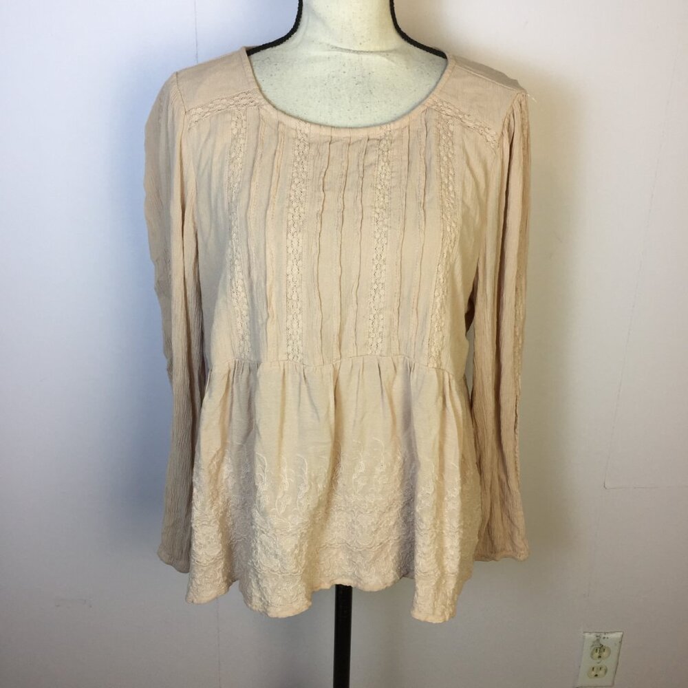 American Eagle Peplum Blouse Top Sz L Woman Blush Embroidered Long Sleeve Cutout